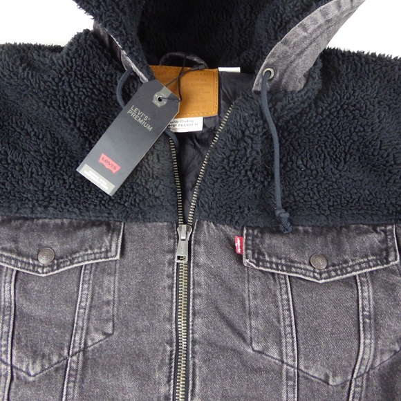 Levi’s Premium Faux Sherpa Sleeves Hybrid Denim Trucker Jacket w Hood NWT - Picture 10 of 12